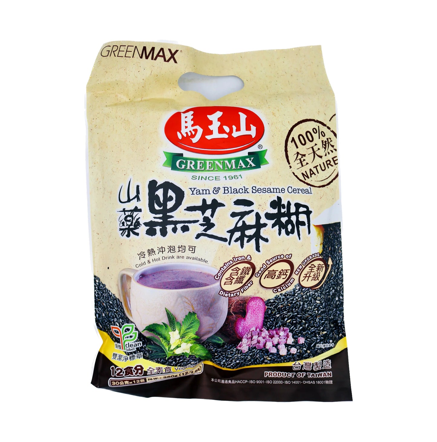 Greenmax Yam and Black Sesame Cereal 馬玉山山藥黑芝麻糊 (30g*12Pcs) 360g